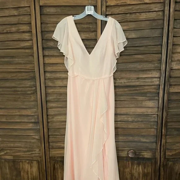 flutter sleeve bridesmaid dress with cascade Juliet 262 Long Prom Dress Lilac / XSmall